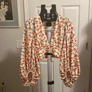 Orange floral bolero cropped top ( missing 1 button) summer hippie boho size S